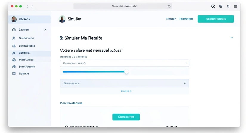 Capture d'écran du simulateur Simuler Ma Retraite montrant les champs de saisie pour le salaire net, l'âge, la situation familiale et un tableau de résultats comparant répartition et capitalisation