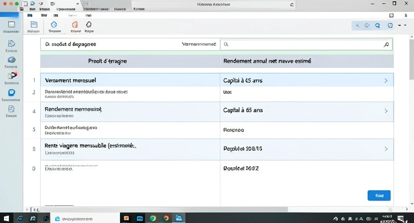 Tableau comparatif présentant trois scénarios d'épargne : PER, Assurance-vie, et Compte-titres, avec leurs rendements nets estimés, leur fiscalité et la pension complémentaire générée
