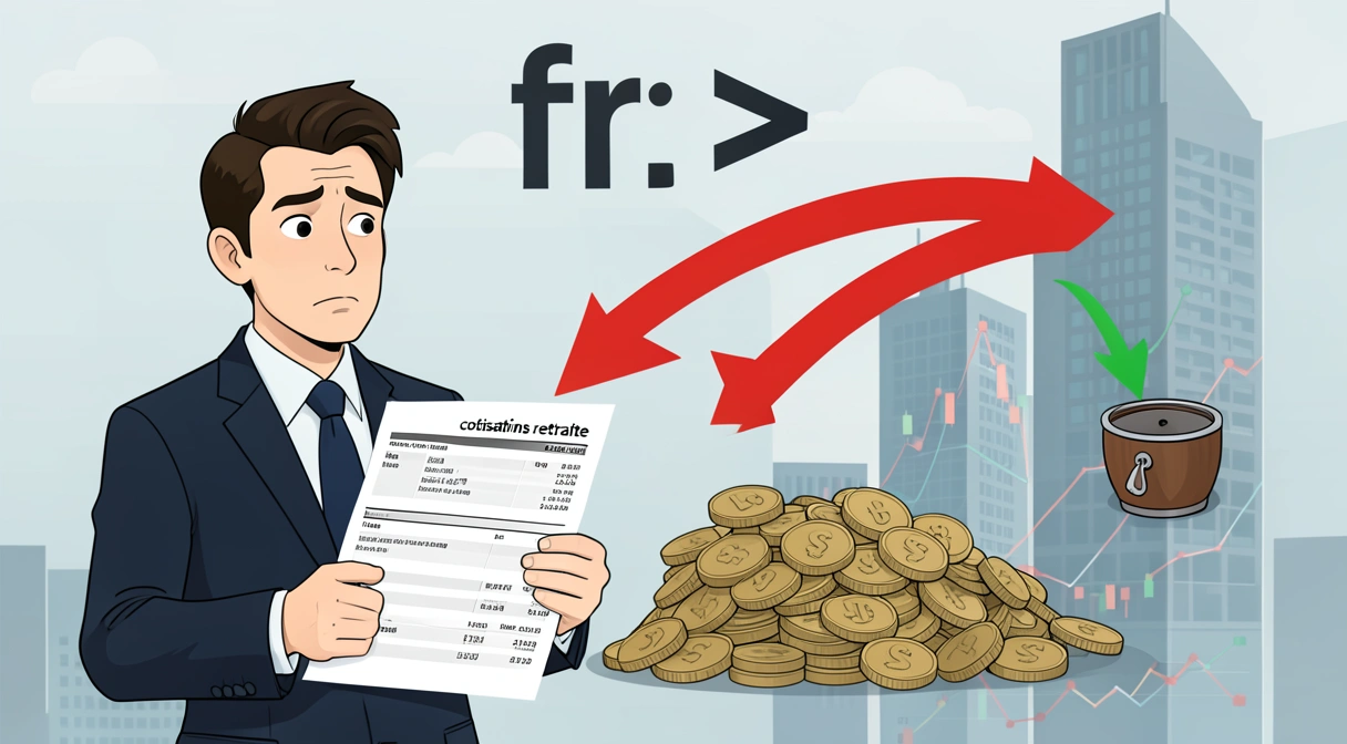 Illustration d'un cadre regardant une fiche de paie avec des flèches rouges pointant vers des cotisations élevées et une petite tirelire représentant la pension