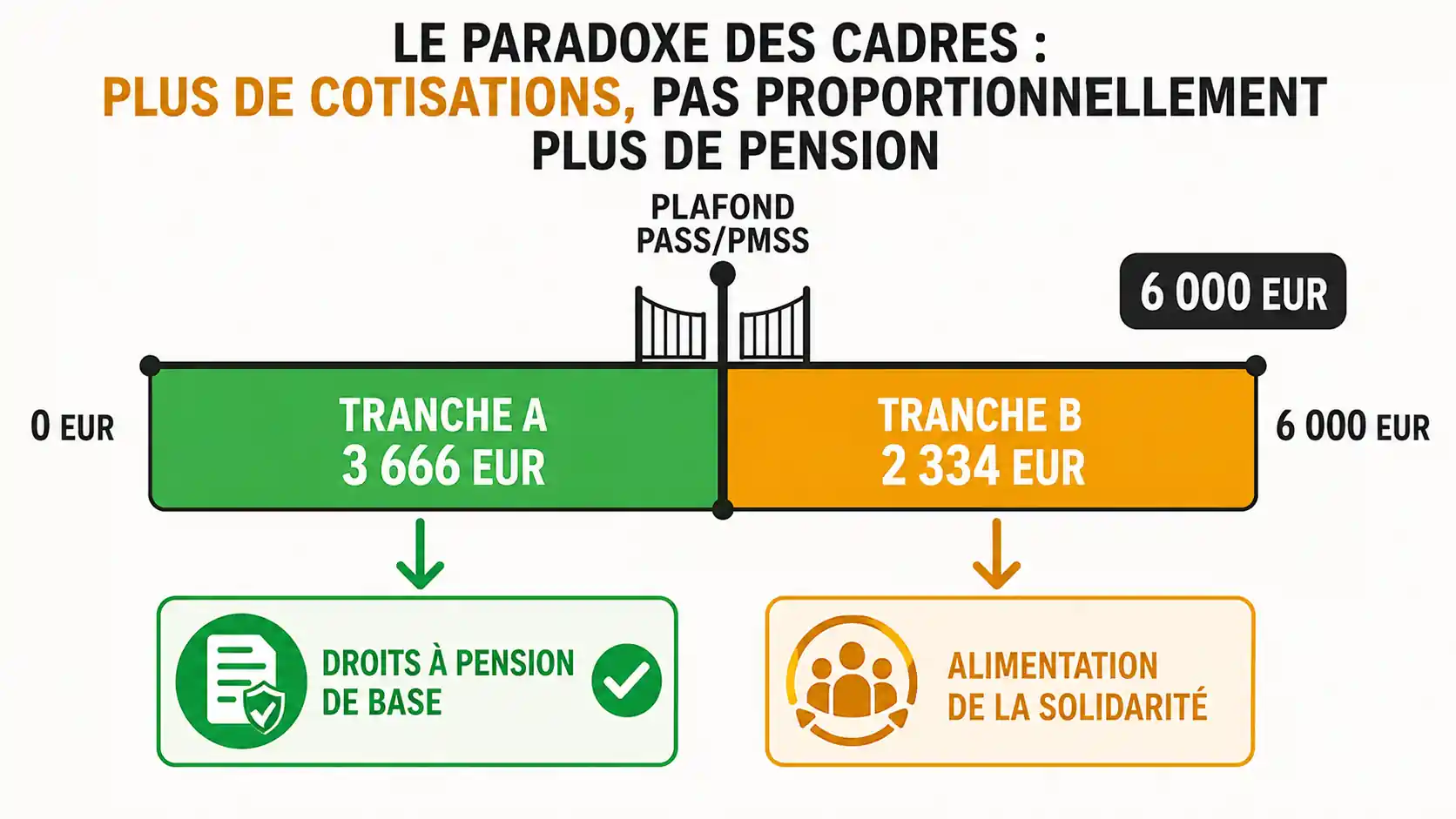 Capture d'écran d'un simulateur de retraite montrant un salaire brut, le plafond de la Sécurité sociale (PASS) et le calcul des cotisations sur la tranche A et la tranche B