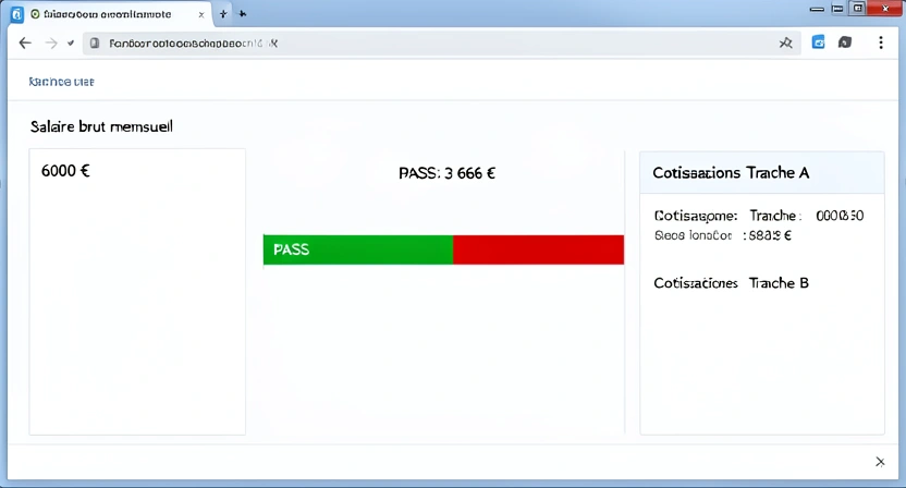Capture d'écran d'un simulateur de retraite montrant un salaire brut, le plafond de la Sécurité sociale (PASS) et le calcul des cotisations sur la tranche A et la tranche B