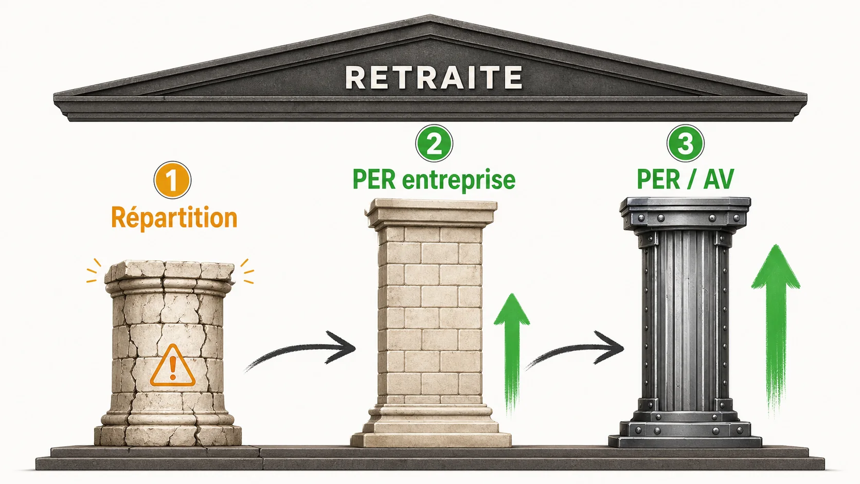 Diagramme de flux présentant trois piliers : Répartition Obligatoire, Capitalisation Collective (PER d'entreprise), Capitalisation Individuelle (PER, AV, CTO)