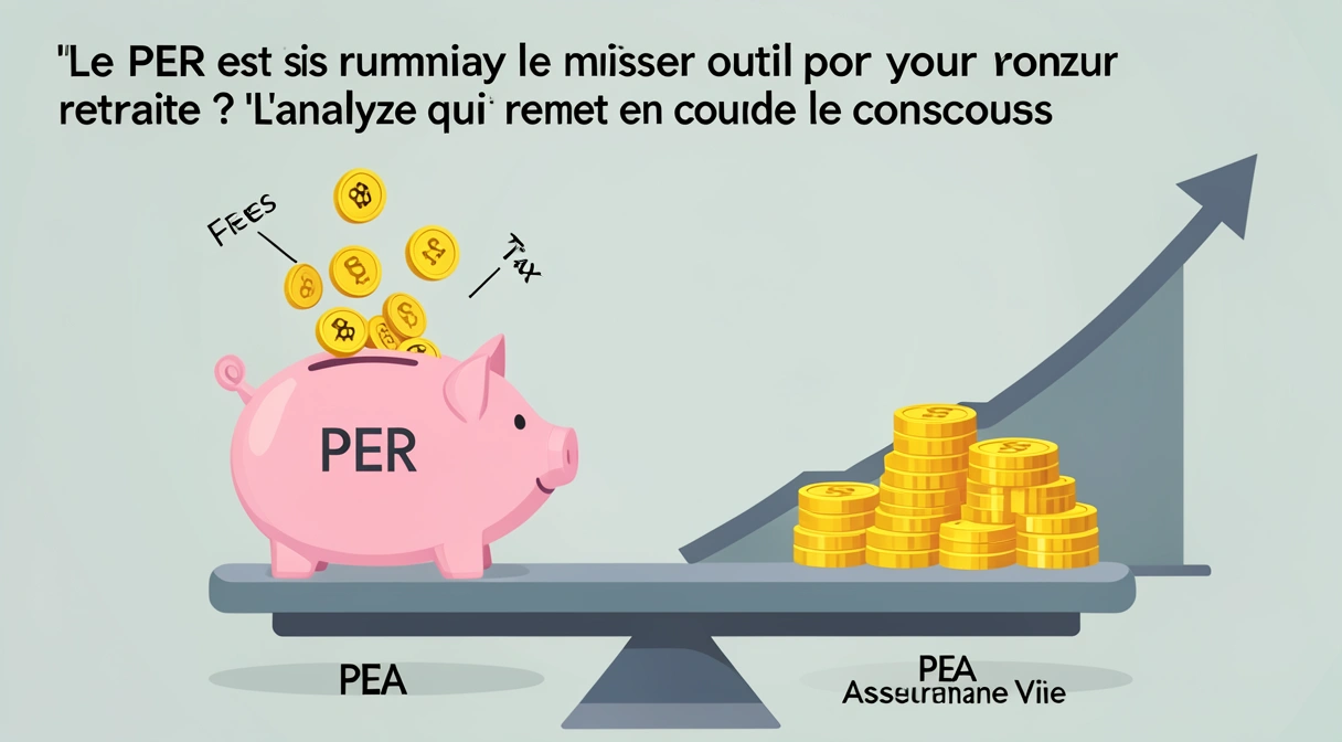Illustration conceptuelle montrant une balance avec d'un côté un pot d'épargne PER étiqueté "Frais" et "Fiscalité", et de l'autre côté des pièces d'or représentant le PEA et l'assurance-vie, avec un graphique de croissance en arrière-plan