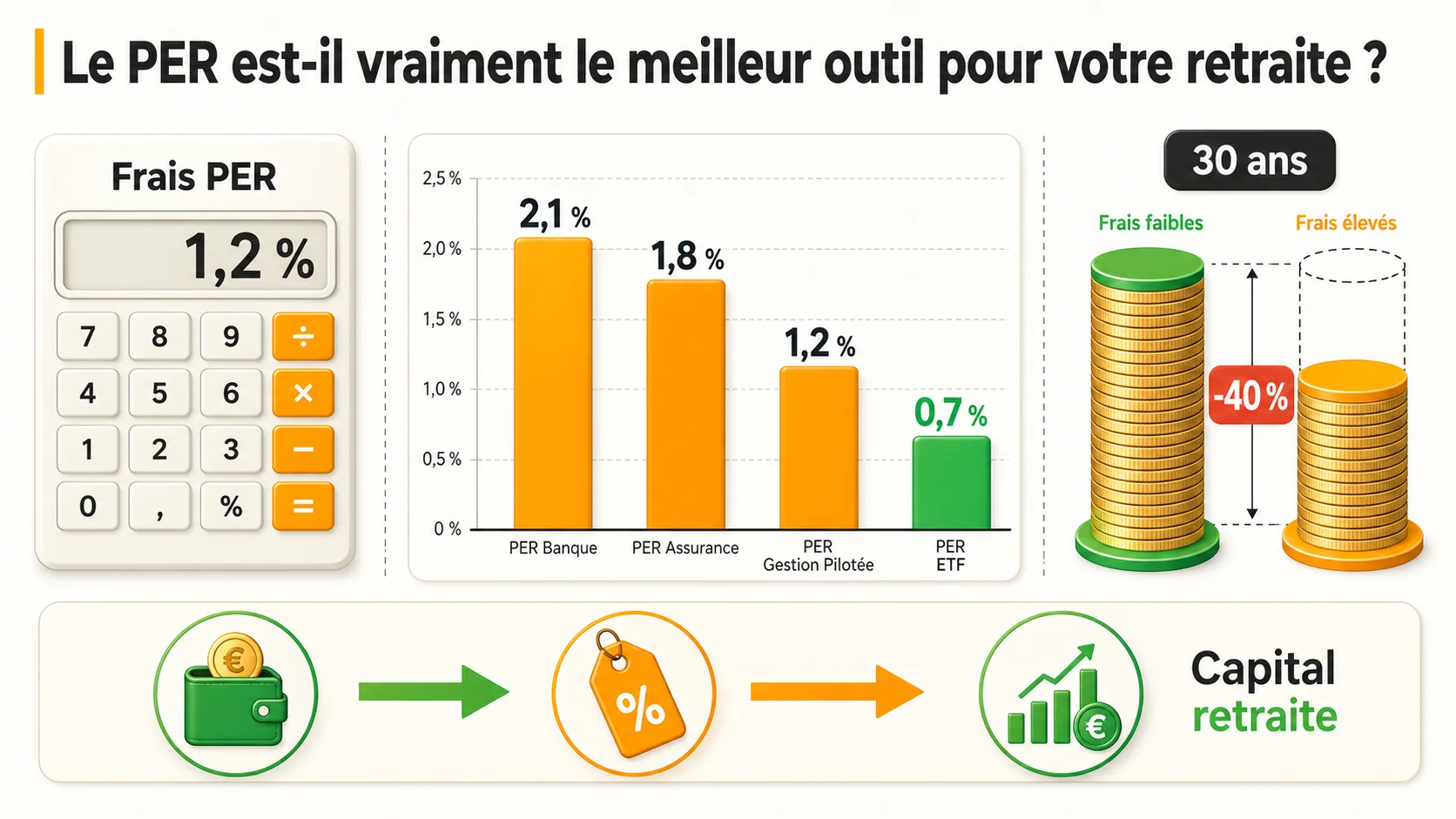 Capture d'écran de l'interface du simulateur de l'AMF montrant une comparaison des frais moyens entre différents types de PER (individuel, collectif, bancaire, assurance)