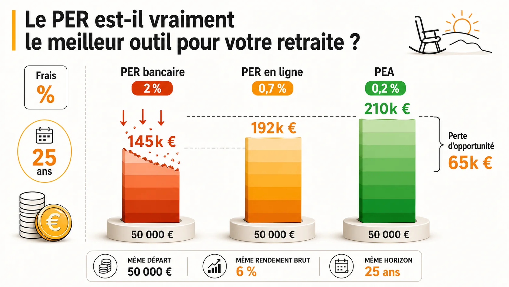 Capture d'écran d'un tableau de comparaison de rendement net entre un PER à frais élevés et un PEA, sur 25 ans, issu d'une étude indépendante de l'Institut pour la Protection de l'Épargnant
