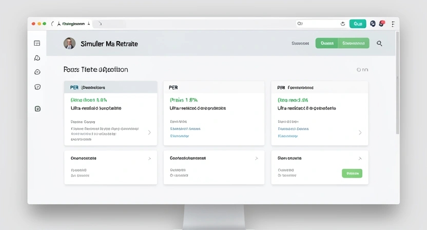 Capture d'écran du tableau de bord de simulation "Simuler Ma Retraite" montrant un comparateur côte à côte entre un scénario PER, PEA et Assurance-Vie, avec les courbes de capital final et le détail des prélèvements