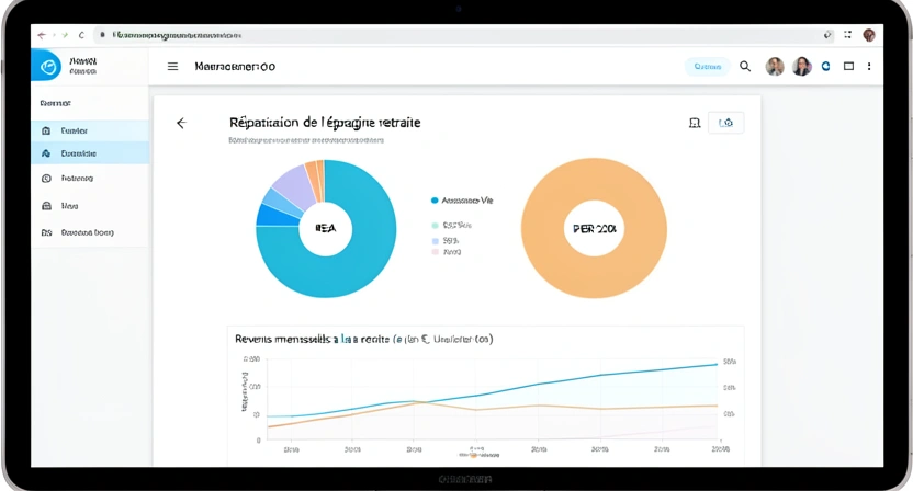 Capture d'écran d'un logiciel de gestion de patrimoine type "Grisbee" ou "Bankin' Invest" montrant un dashboard avec la répartition d'un portefeuille entre PEA, AV et PER, et un graphique de projection de revenus à la retraite