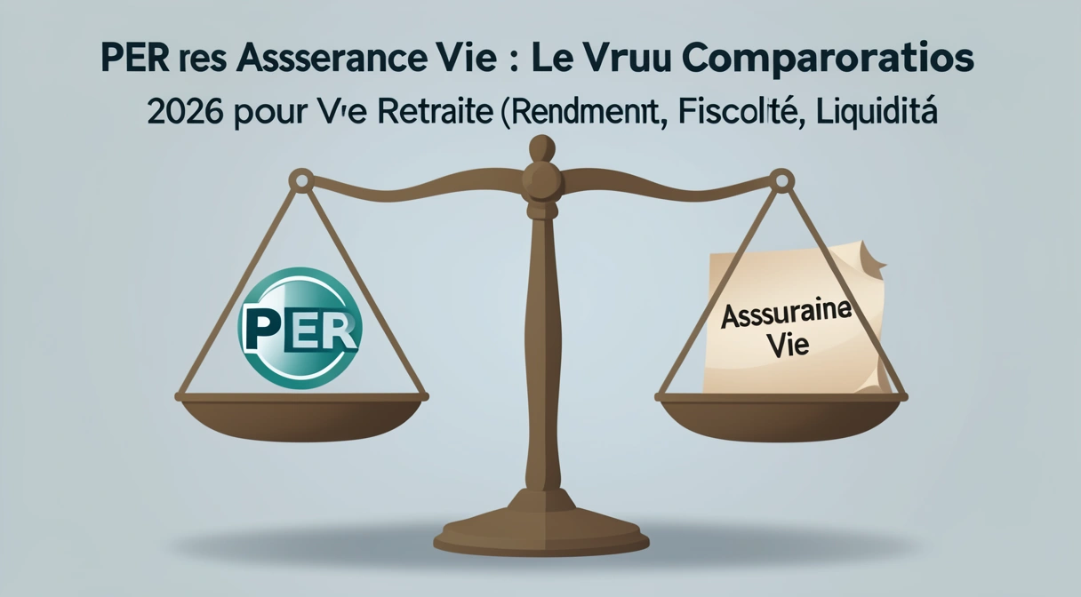 Illustration d'une balance avec d'un côté un logo PER et de l'autre un contrat d'assurance-vie, symbolisant le choix difficile pour l'épargnant