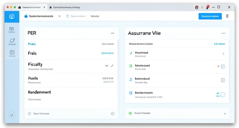 Capture d'écran réaliste d'un tableau de bord de comparaison PER et Assurance Vie avec des chiffres clés