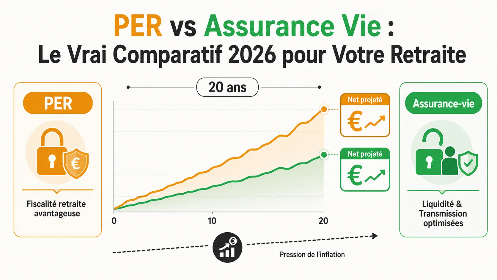Graphique montrant l'écart de rendement projeté entre un PER et une Assurance-Vie sur 20 ans