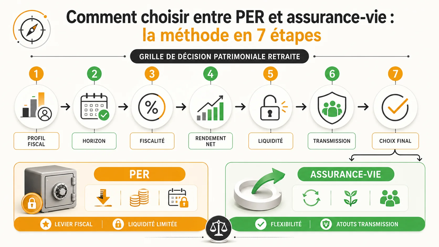 Infographie en 7 étapes avec des icônes : Profil, Horizon, Fiscalité, Rendement, Liquidité, Transmission, Choix