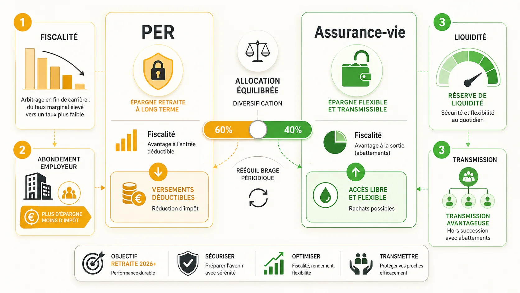 Tableau de bord avancé montrant un portefeuille mixte PER/Assurance-Vie avec différentes allocations d'actifs