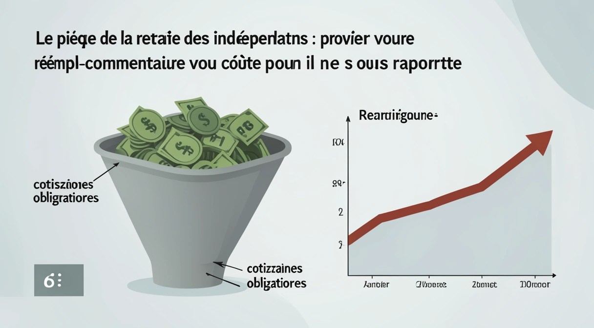 Illustration conceptuelle du piège financier de la retraite pour indépendants : un artisan ou commerçant regarde une fiche de paie virtuelle où les cotisations retraite s'écoulent comme de l'eau dans un entonnoir percé, tandis qu'un graphique à côté montre une courbe de rendement plate proche de zéro.