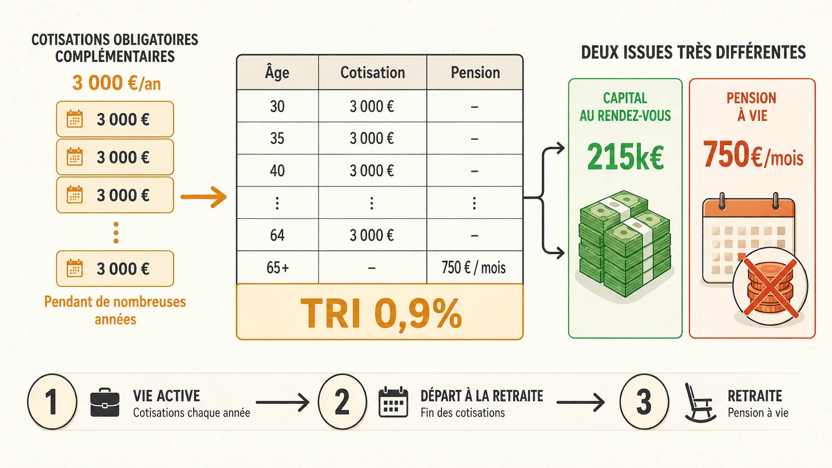 Capture d'écran d'un tableur Excel ou Google Sheets détaillant le calcul du taux de rendement interne (TRI) pour un indépendant, avec colonnes pour l'âge, la cotisation annuelle, la pension projetée, et la cellule de résultat final montrant un TRI de 0,9%.