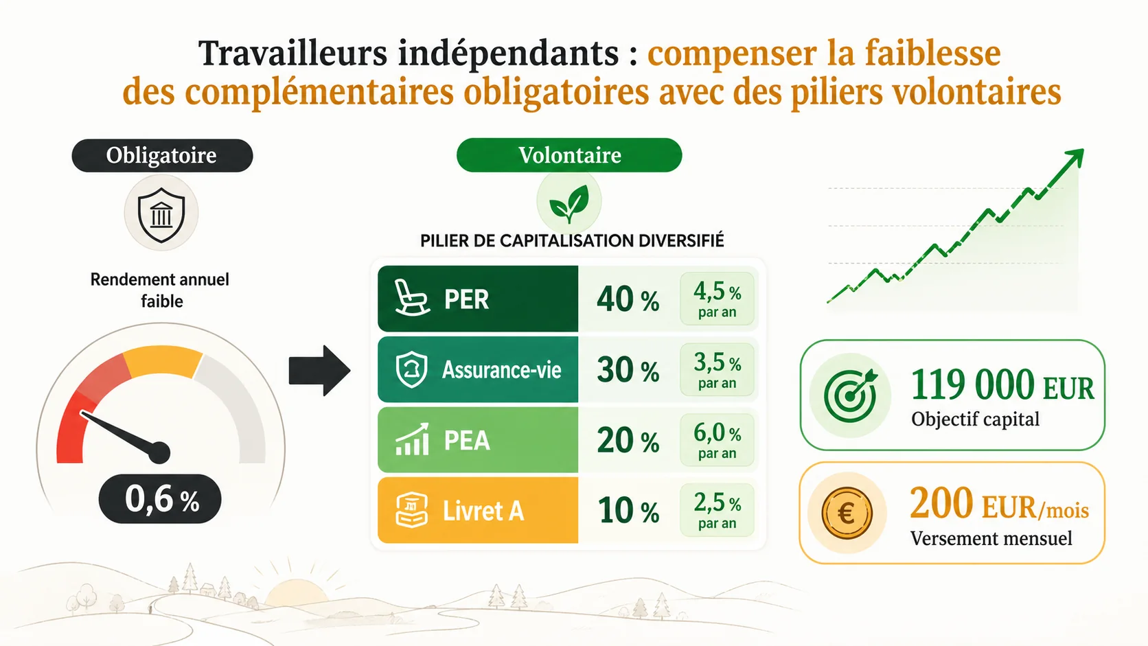 Capture d'écran d'un tableau de bord de gestion de patrimoine type (Banque en ligne ou application de gestion) montrant la répartition d'un portefleuille : PER, Assurance-vie, PEA, et Livret A, avec des pourcentages et des rendements annuels affichés.