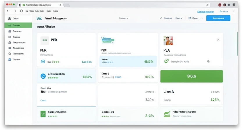 Capture d'écran d'un tableau de bord de gestion de patrimoine type (Banque en ligne ou application de gestion) montrant la répartition d'un portefleuille : PER, Assurance-vie, PEA, et Livret A, avec des pourcentages et des rendements annuels affichés.