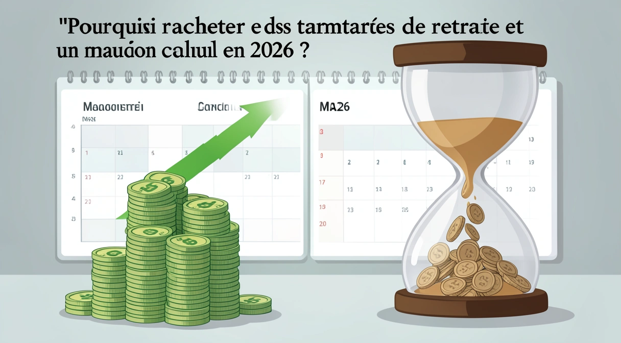 Graphique comparatif montrant la croissance d'un investissement en capitalisation versus le rendement plat d'un rachat de trimestres, avec des euros qui s'envolent d'un côté et un sablier qui se vide de l'autre