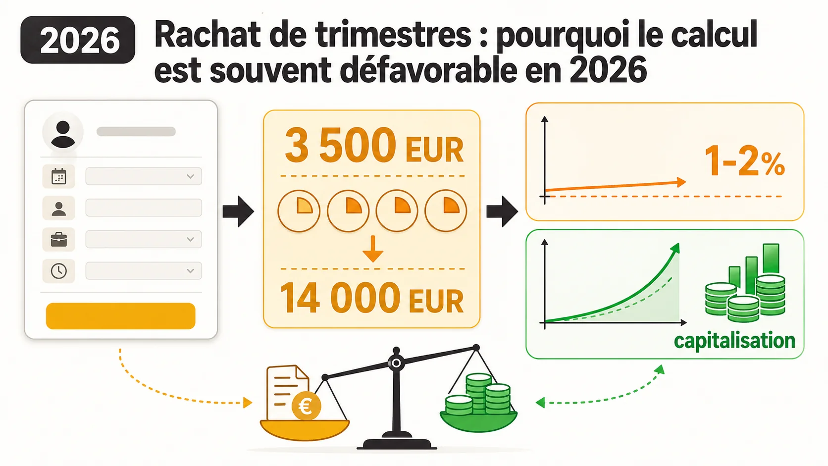 Capture d'écran du simulateur officiel de l'Assurance Retraite montrant la page de demande de devis pour un rachat de trimestres, avec des champs pour l'âge, le revenu et le nombre de trimestres manquants