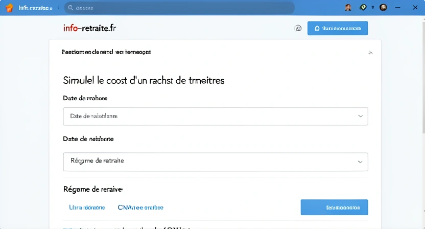 Capture d'écran du simulateur officiel de l'Assurance Retraite montrant la page de demande de devis pour un rachat de trimestres, avec des champs pour l'âge, le revenu et le nombre de trimestres manquants