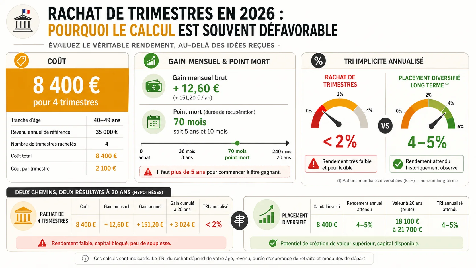 Capture d'écran d'un tableur Excel ou Google Sheets détaillant un calcul de rentabilité de rachat de trimestres, avec des colonnes pour le coût, le gain mensuel, le temps de retour et le rendement annualisé implicite