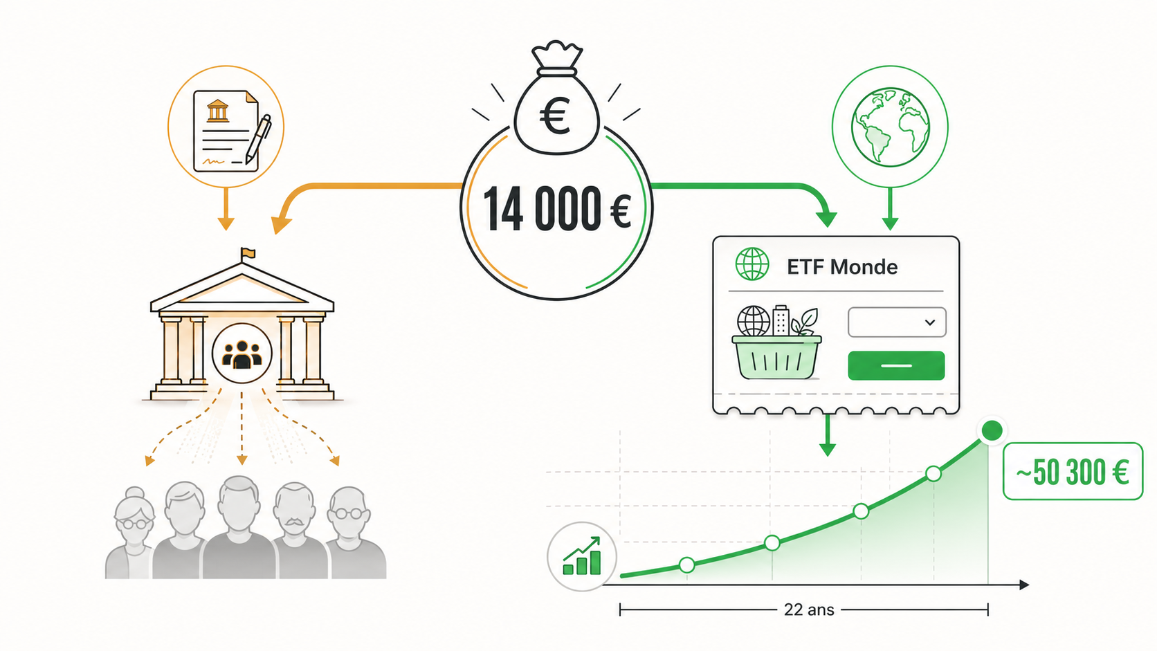 Capture d'écran de l'interface d'un courtier en ligne comme Boursorama ou Fortuneo, montrant l'écran d'achat d'un ETF (ex: CW8 ou EWLD) avec l'ordre de marché et la visualisation de la performance