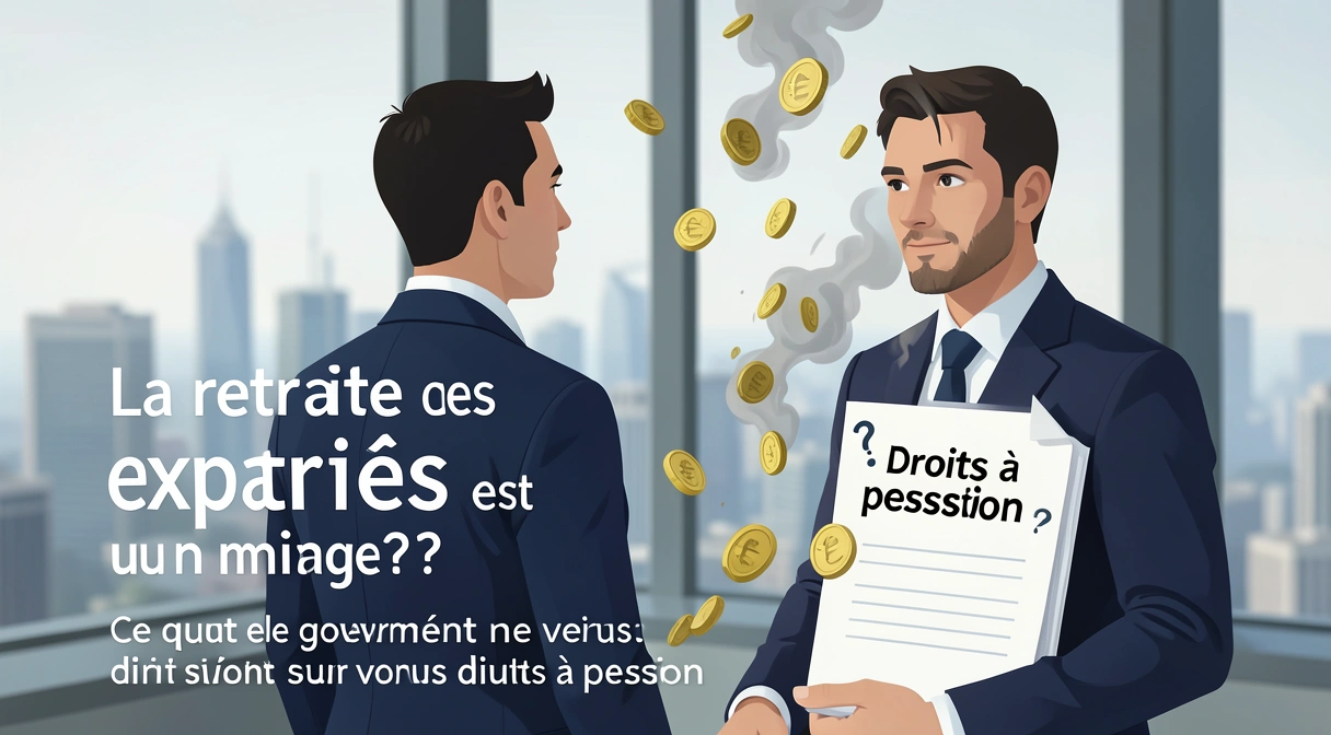 Illustration conceptuelle d'un expatrié regardant un horizon flou avec des pièces d'euro qui s'évaporent, symbolisant l'incertitude de la retraite à l'étranger