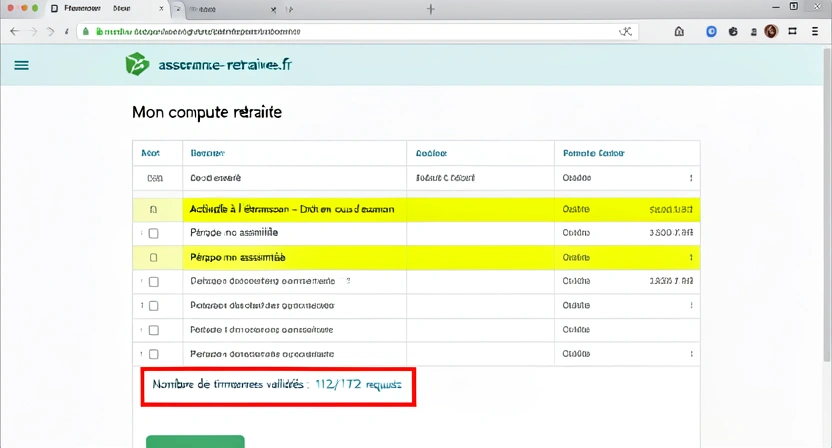 Capture d'écran du site de l'Assurance Retraite montrant un relevé de carrière avec des périodes manquantes et des mentions "Période à l'étranger - Non validée"