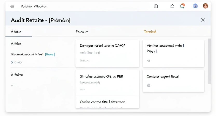 Capture d'écran d'un tableau de bord personnalisé type "Checklist Retraite Expatrié" avec des cases à cocher pour "Relevé carrière", "Accord bilatéral", "CFE", "Epargne capitalisation", etc.