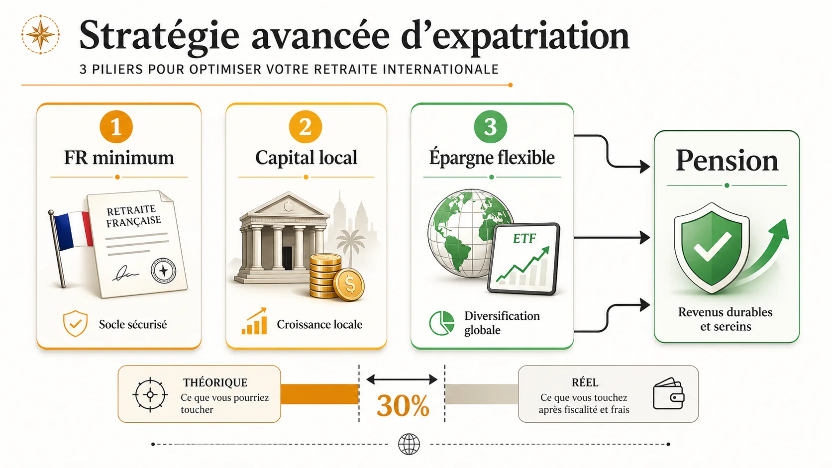 Diagramme de flux présentant une stratégie patrimoniale "3 piliers" pour expatrié : Pilier 1 (Répartition FR min), Pilier 2 (Capitalisation locale), Pilier 3 (Épargne flexible internationale)