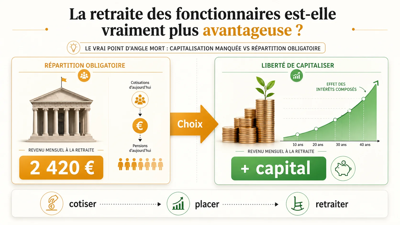 Capture d'écran réaliste du simulateur Simuler Ma Retraite montrant un graphique comparatif entre la pension d'un fonctionnaire et un scénario de capitalisation