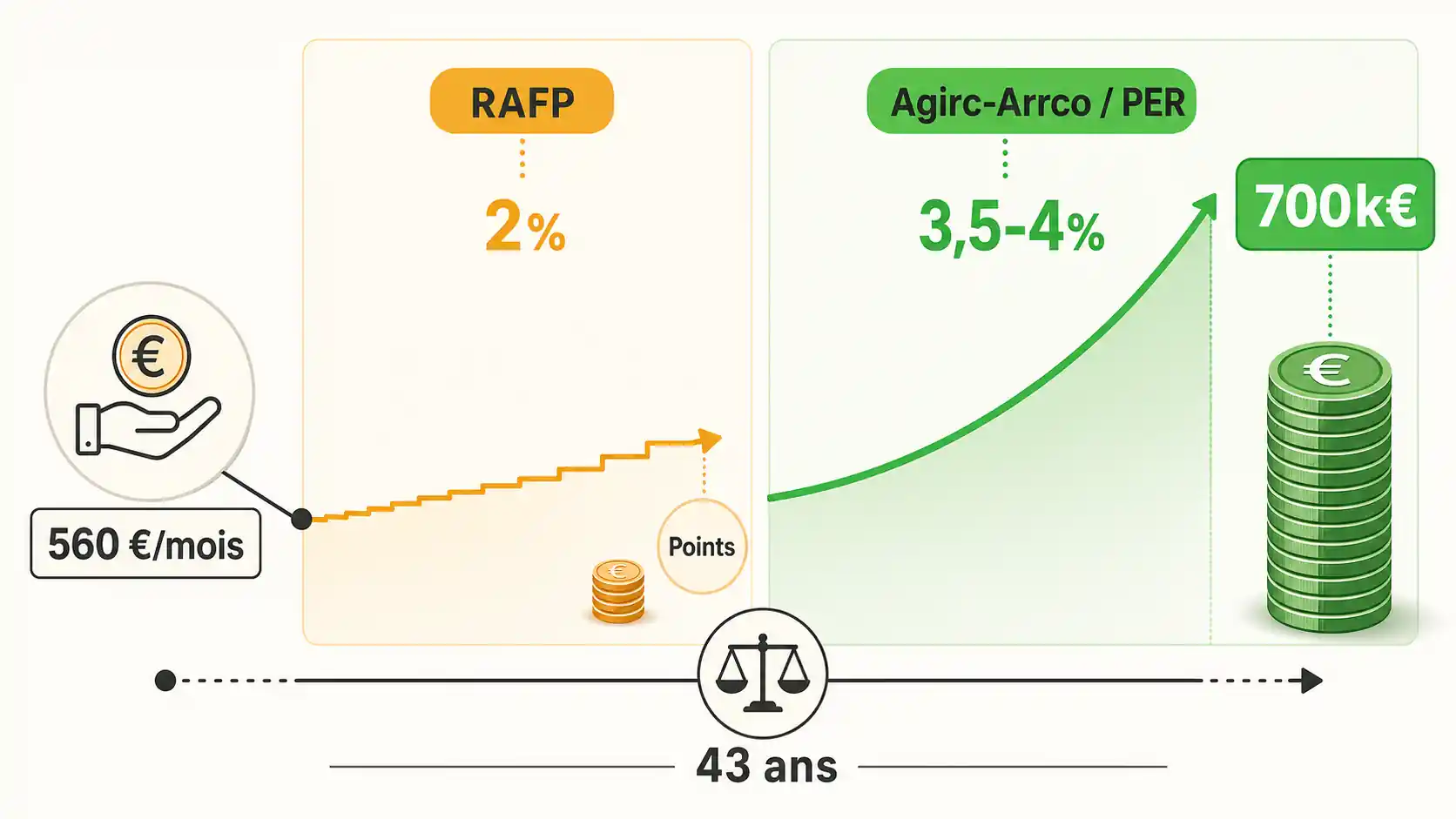 Tableau de simulation comparant la croissance d'un capital pour un cotisant du privé et la valeur des points acquis pour un fonctionnaire