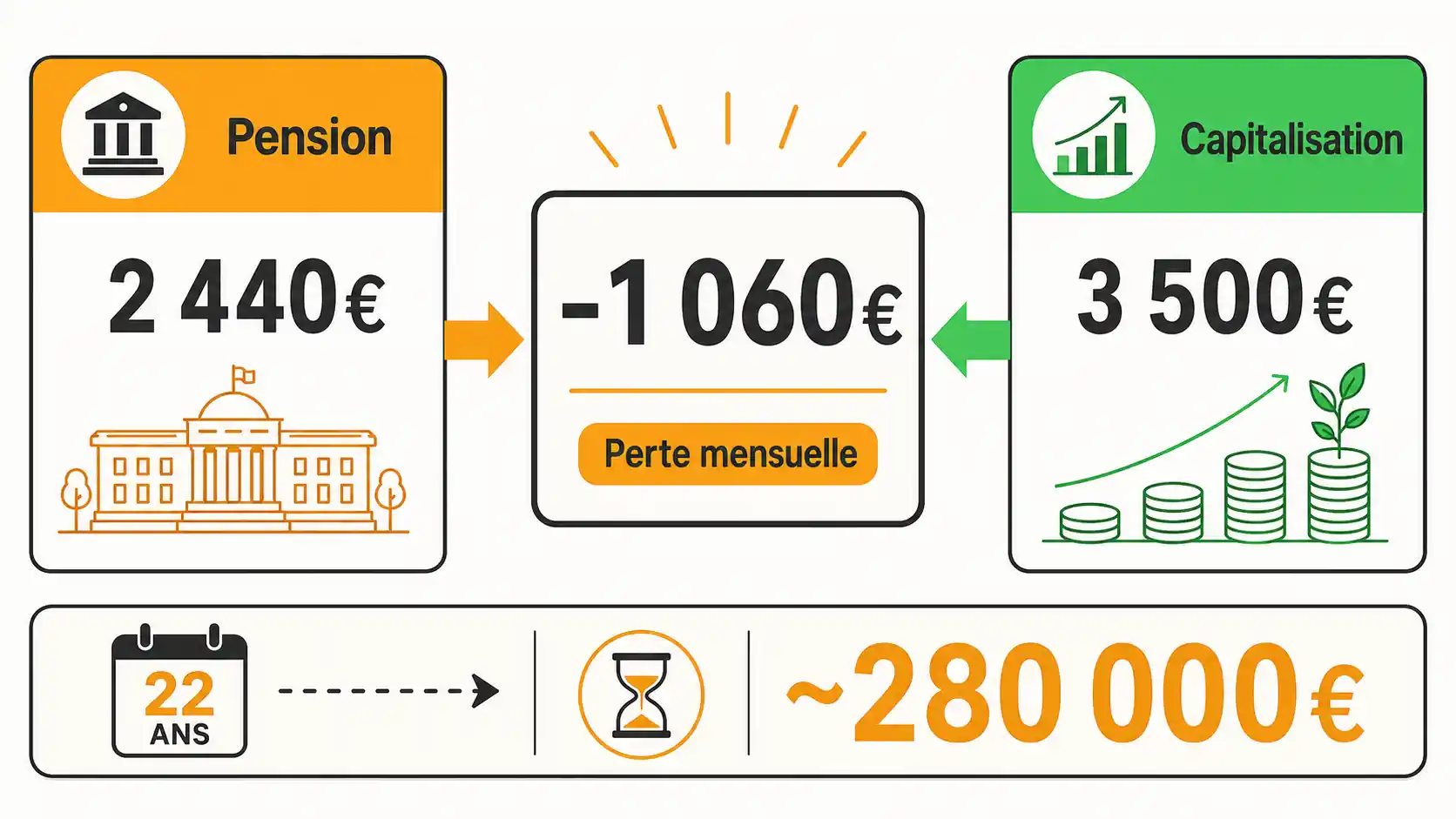 Interface montrant le résultat d'une simulation avec un gros chiffre "Perte mensuelle : -1 060€" mis en évidence