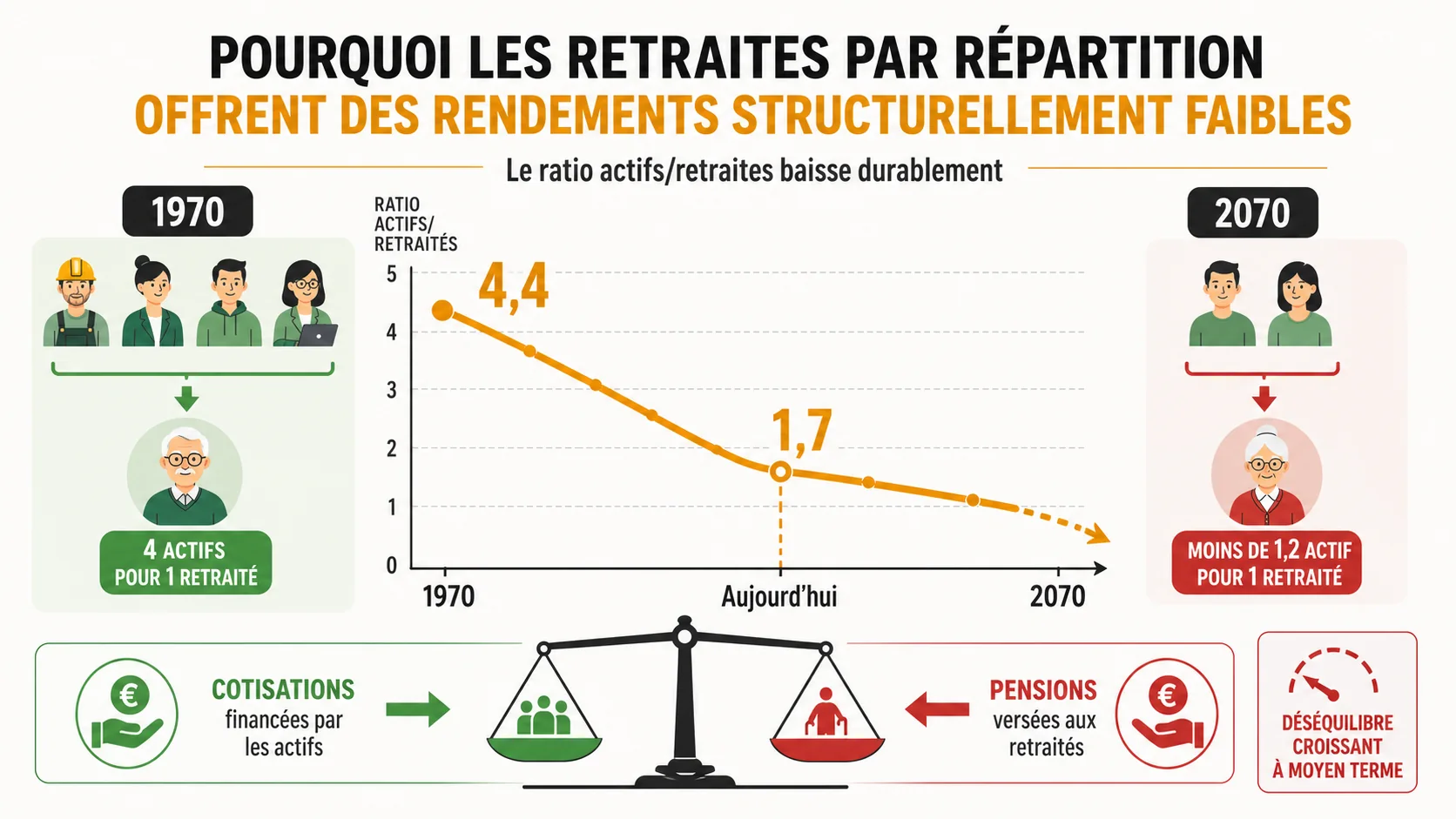 Graphique en courbes montrant l'évolution du ratio actifs/retraités depuis 1970 avec une projection jusqu'en 2070, en forte baisse.