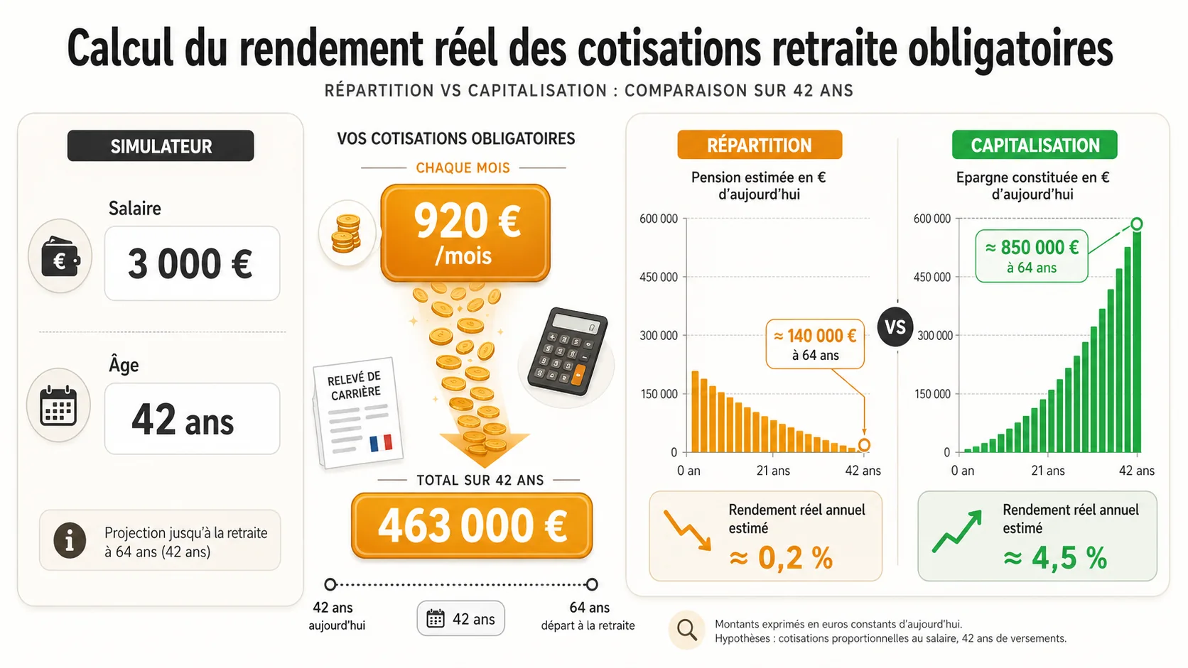 Interface du simulateur Simuler Ma Retraite montrant un formulaire de saisie de salaire et d'âge, et deux graphiques en colonnes côte à côte : répartition vs capitalisation.