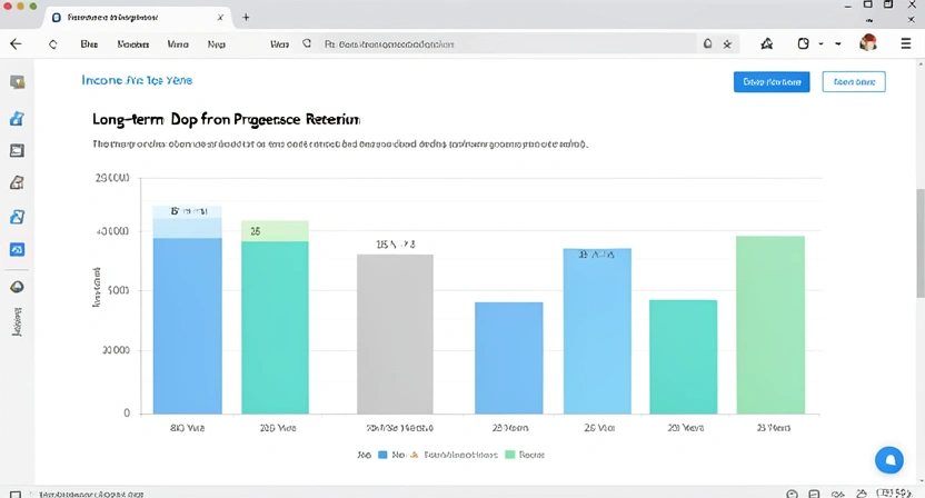 Graphique en barres comparant deux scénarios sur 25 ans : "Retraite Progressive" avec un gain initial modéré puis une chute permanente du revenu, et "Travail Complémentaire" avec un revenu stable plus élevé, généré à partir d'un tableur financier
