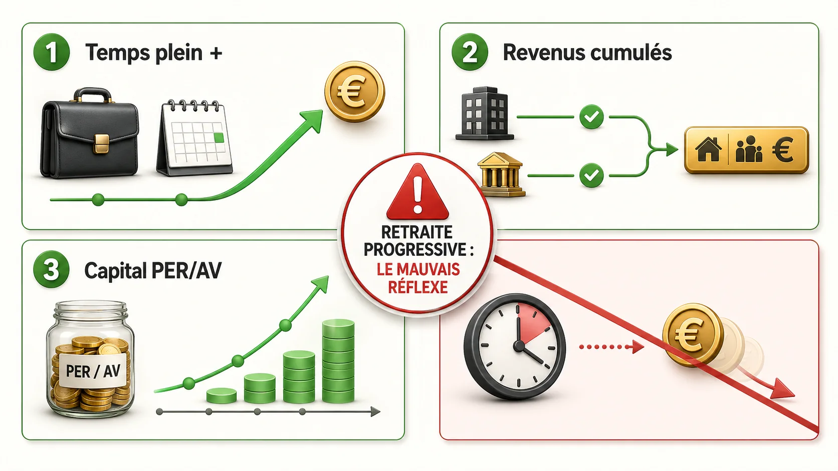 Infographie stylisée comparant trois stratégies : "Travailler plus longtemps à temps plein" avec une flèche verte vers une pension pleine, "Cumul Emploi-Retraite" avec deux flux de revenus stables, et "Capitalisation via PER/AV" avec une courbe de capital ascendante, face à la "Retraite Progressive" barrée en rouge
