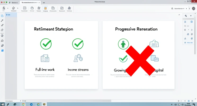Infographie stylisée comparant trois stratégies : "Travailler plus longtemps à temps plein" avec une flèche verte vers une pension pleine, "Cumul Emploi-Retraite" avec deux flux de revenus stables, et "Capitalisation via PER/AV" avec une courbe de capital ascendante, face à la "Retraite Progressive" barrée en rouge