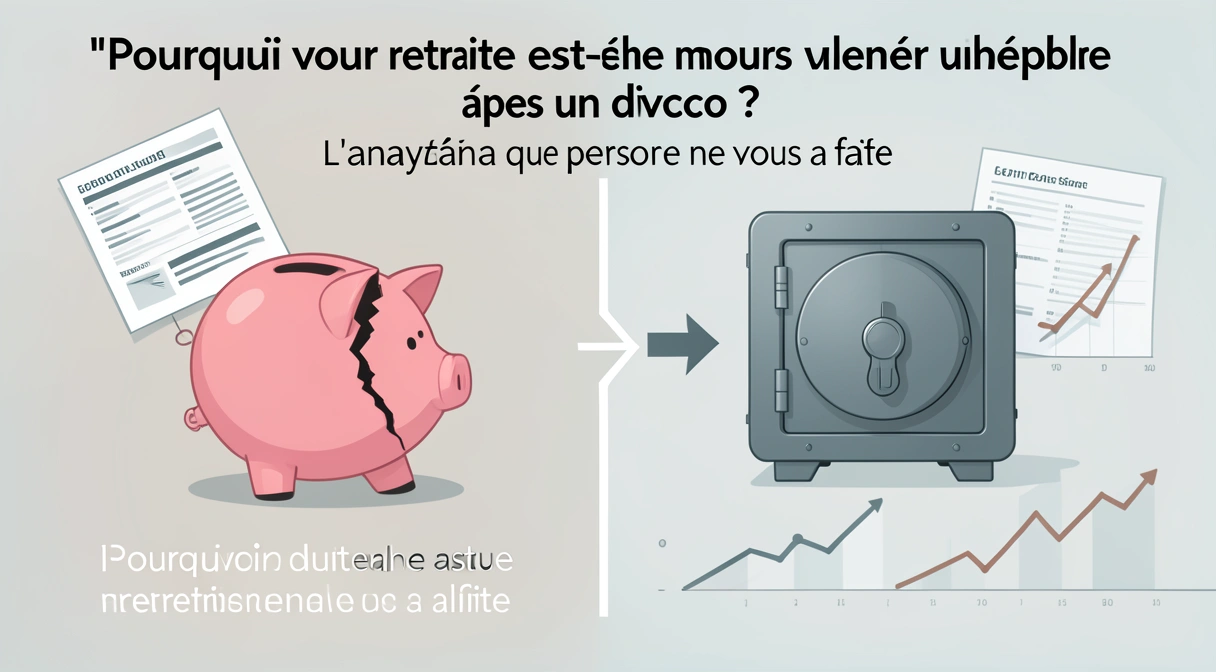 Illustration conceptuelle montrant deux chemins divergents après un divorce : un chemin aboutit à une petite tirelire cassée symbolisant une retraite réduite, l'autre à un coffre-fort solide. Des graphiques de décroissance et des documents juridiques flottent autour.