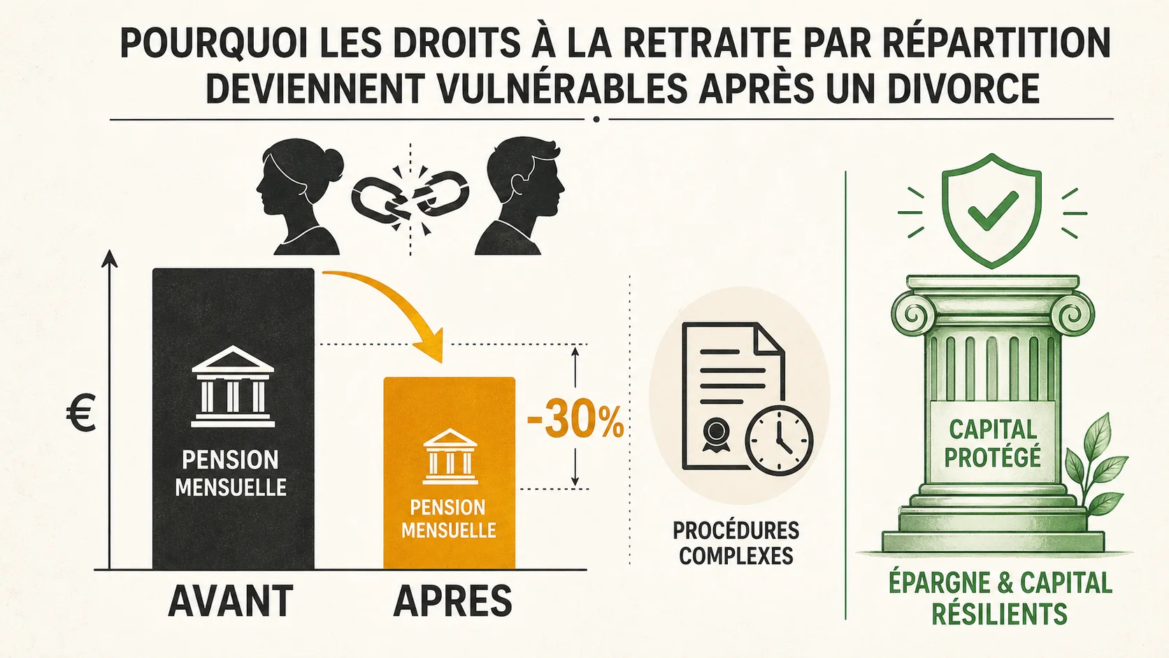Graphique en barres comparant le montant d'une pension avant et après un partage de droits suite à un divorce, avec une chute de 30%. Source : données simulées basées sur des cas types de la CNAV.