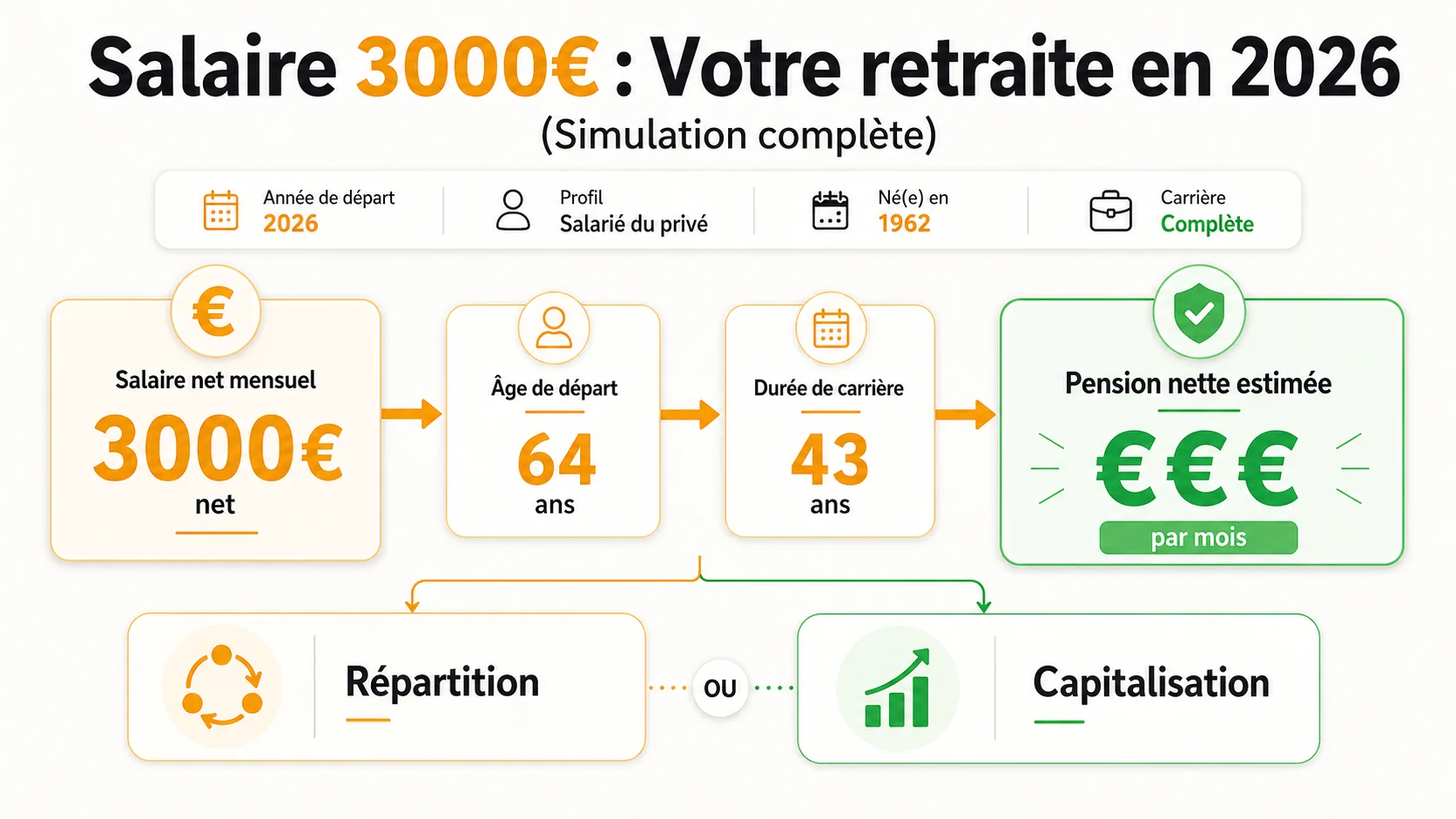 Interface détaillée d'un simulateur montrant les champs "salaire net", "âge de départ" et le résultat "pension nette estimée"