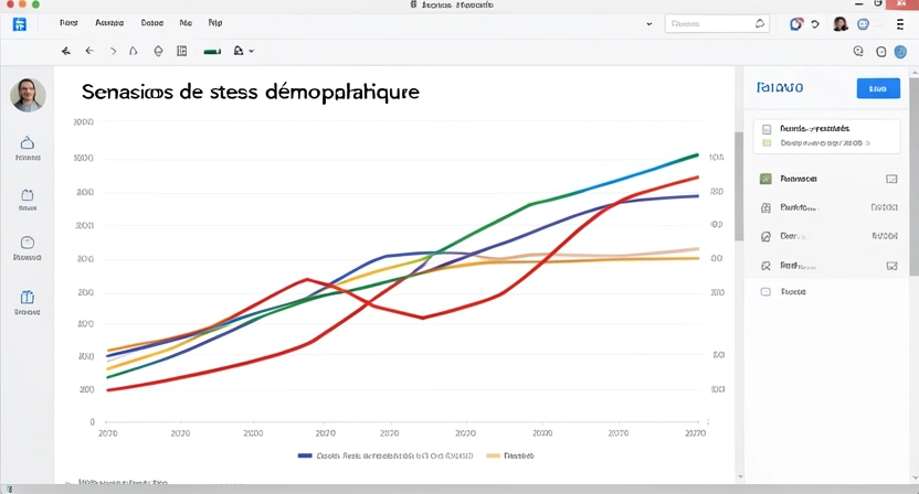 Capture d'écran d'un tableau de bord analytique montrant des courbes de ratio actifs/retraités sous différents scénarios